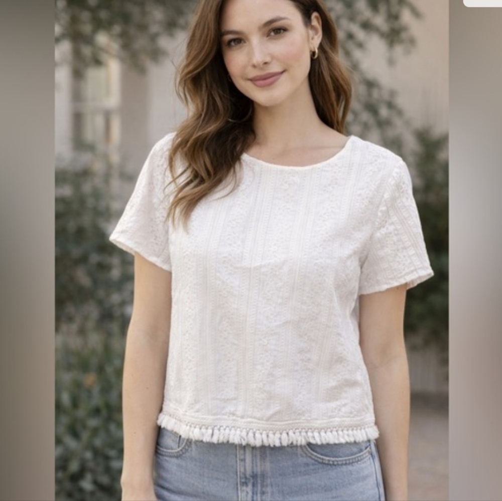 Michael Kors White Eyelit Fringe Short Sleeve Shirt